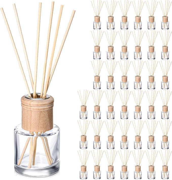 Roshtia 40 Set Reed Diffuser Bottle Empty Refillable Fragrance Glass Diffuser Bottles Set with Wooden Caps Rattan Sticks 50ml 1.7 oz Round Glass Jars for DIY Fragrance