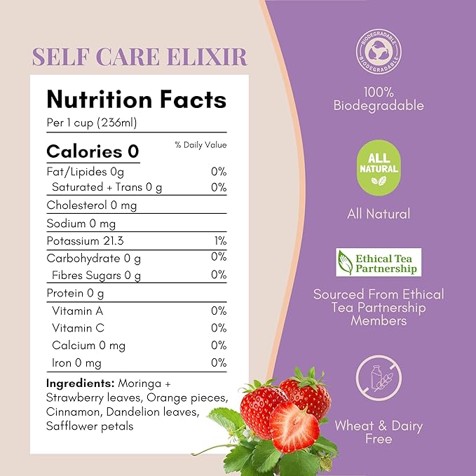 Tease Tea Moringa Wellness Tea - Self Care Elixir Herbal Tea, Digestive Health and Wellness Decaffeinated Tea Made with Moringa, Strawberry, Oranges, and Cinnamon for a Calm and Better Mind and Spirit