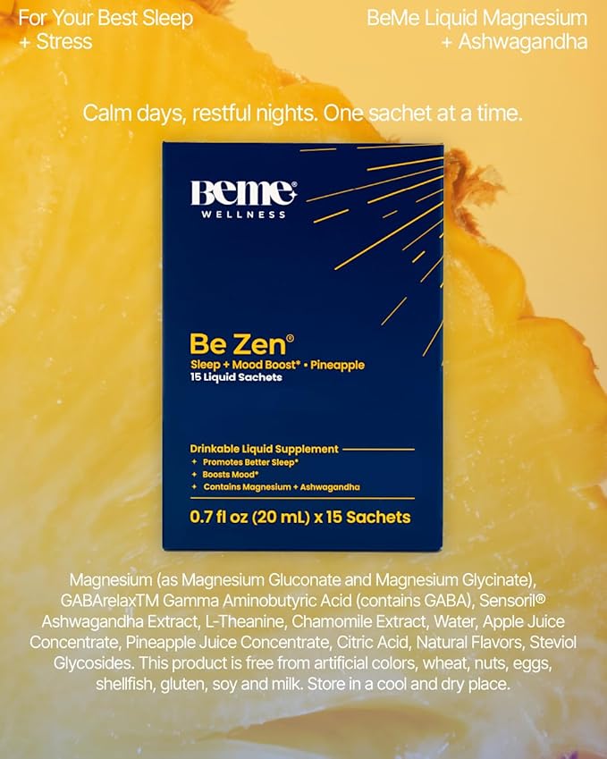 BeMe BeZen Sleep Aid Supplement Natural Without Melatonin - 2X Absorption Than Pills - Sleep aids for Adults with Magnesium, Ashwagandha, Chamomile, L-Theanine & GABA - Delicious Pineapple