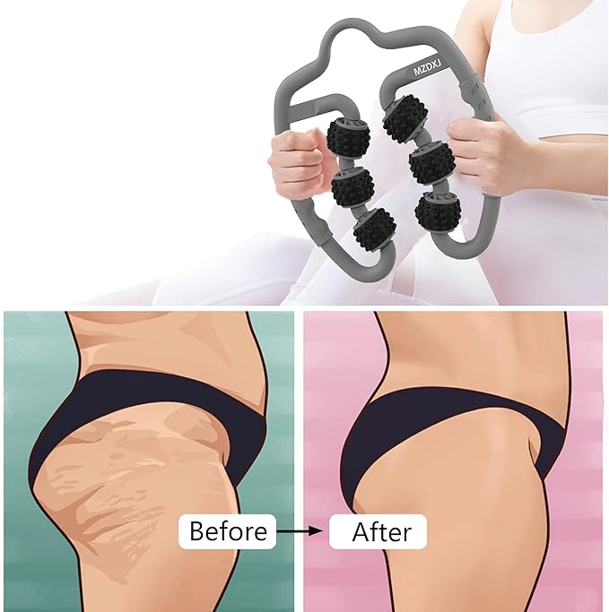 Cellulite Massage Tool Muscle Roller - Deep Fascia Massager & Dimpled Skin Remover for Legs, Thighs & Buttocks - Anti-Cellulite Roller, Smooth Skin, Pain Reliefs (Grey Black-6Wheel)