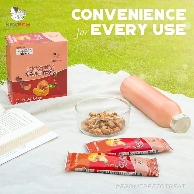 NEWBAM Spicy Tom Yum Cashews Individual Packs - 12 Cashew Snack Packs Roasted Nuts (1.5oz Each) – Authentic Thai Flavor, Keto, Vegan, Gluten-Free - Healthy Snacks for Trail Mix, Office, or Party - Low Sugar