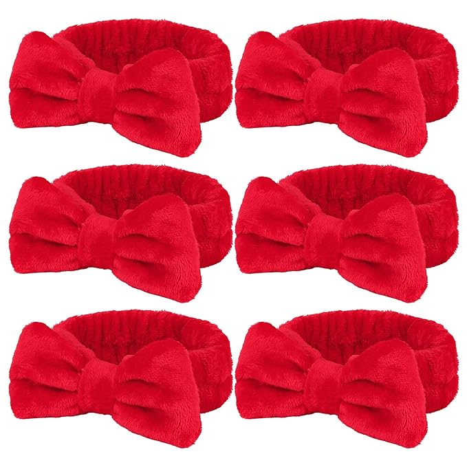 Casoty 6 Pcs Red Spa Headbands, Skin Care Headband, Soft Coral Fleece Makeup Hair band, Bow Hair Band for Face Washing Shower Skin Care Yoga