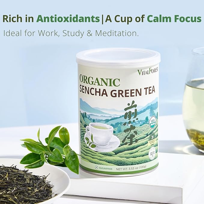 Organic Sencha Green Tea Loose Leaf – 3.53oz/100g, USDA Organic, Whole Leaf Green Tea, VitalForest Premium Steam-Fixed Green Tea, Mild Umami Taste