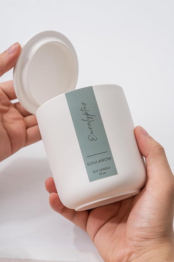 Candles for Home Scented – 10oz Hand Poured Aromatherapy Eucalyptus Candle Soy Wax Candles in Elegant Ceramic Jar – Crackling Wooden Wick Decorative Candle with 60 Hours Burn Time