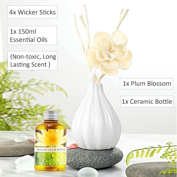 Reed Diffuser Set, Home Fragrance & Decorative Diffuser, Dried Flower Aromatherapy Oil Set, Oil Diffuser Sticks, Ceramic Bottle 5.07 oz(150ml) /1 Pack (Aqua Lily)
