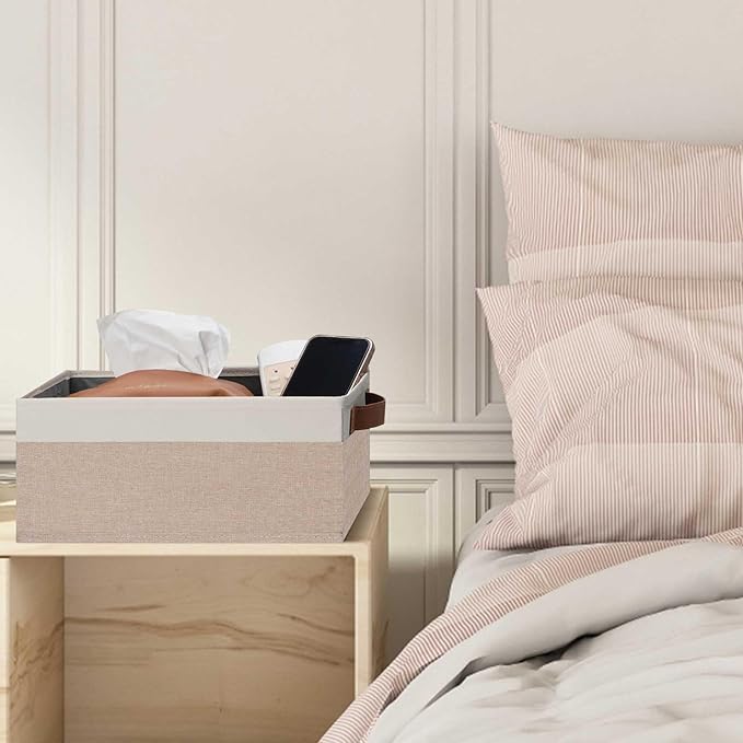 GhvyenntteS Small Fabric Storage Bins 6 Pack, 11.8" x 7.87" x 5.11" Storage Basket with Leather Handles, Closet Storage Bins for Shelves, Storage Baskets for Shelves, DVD Storage (Pink/White)