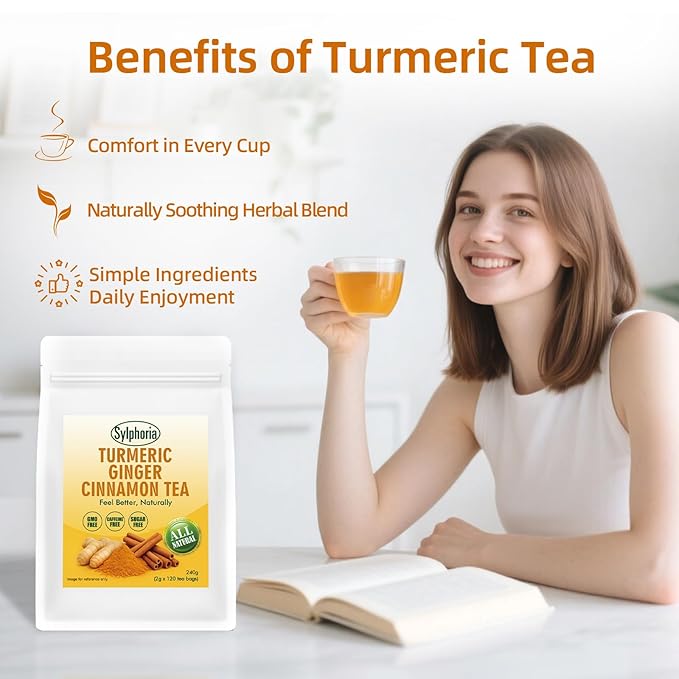 120 Bags Premium Turmeric Ginger Cinnamon Tea Bags, Premium Natural Ingredients, Turmeric Ginger Herbal Blend with Cinnamon, No Sugar, Caffeine-Free