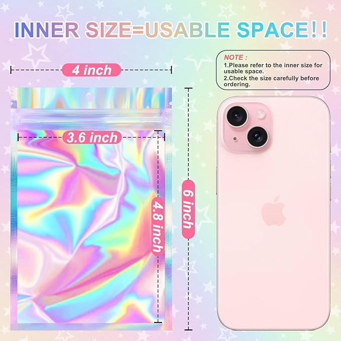 ANZNKU 100 Pack Mylar Bags Reasealable Holographic Bags, Smell Proof Bag Zipper Pouches with Clear Window, Jewelry Candy Sealable Bag for Packaging Sample Party Favor (4 x 6 Inch)