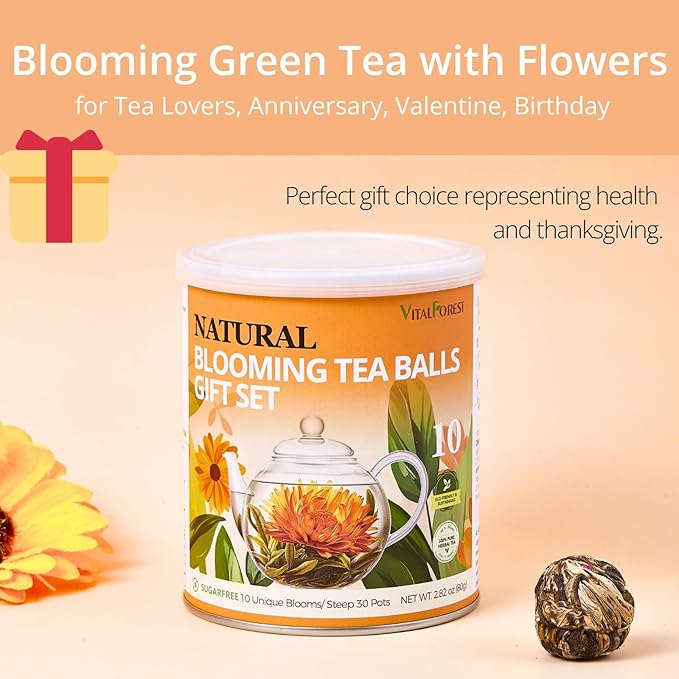 Blooming Tea Gift Set, 10 Unique Varieties Flowering Tea Balls, VitalForest Individual Packing Handmade Blooming Green Tea with Flowers for Anniversary, Valentine, Birthday