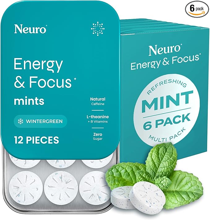 Neuro Energy Caffeine Mints (72 Pieces) - Sugar Free with L-theanine + Natural Caffeine + Vitamin B12 & B6 - Nootropic Energy & Focus Supplement for Women & Men - Keto & Vegan, Wintergreen Flavor