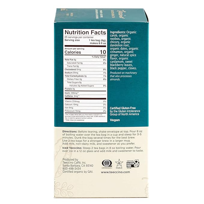 Teeccino Dandelion Red Chai Tea - Caffeine-Free, Roasted Herbal Tea with Prebiotics, 3x More Herbs than Regular Tea Bags, Gluten Free - 25 Tea Bags