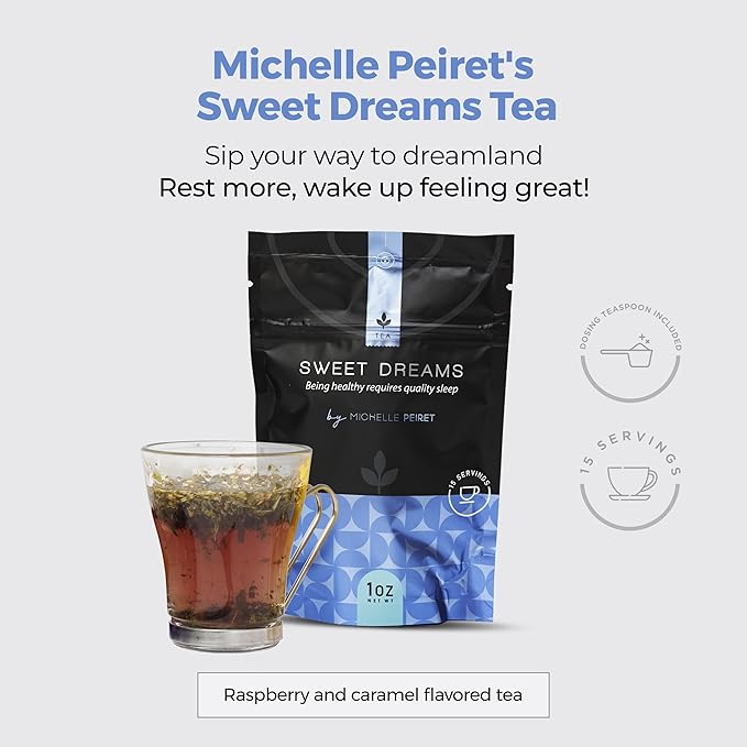 Michelle Peiret Sweet Dreams Sleep Tea Blend, Natural Bedtime Tea for Restful Nights, Raspberry Flavored, 15 Servings