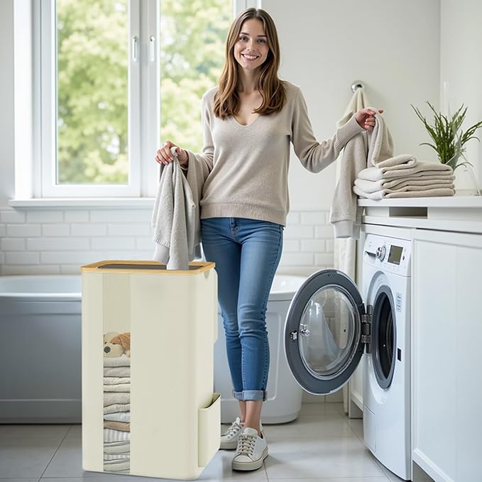 Laundry Basket Clothes Hamper with Lid and Pocket Large Collapsible Laundry Baskets with Handle, Freestanding Hampers for Bedroom Aesthetic, Dorm, Bathroom, Laundry Room (100L, Beige)