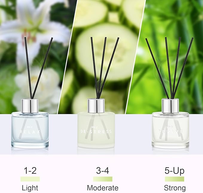 3 Set of Reed Diffusers, 5.07 oz Reed Diffusers with 12 Black Fiber Sticks, 150 ml Jasmine Lily Cucumber Bamboo Scent Diffuser for Home,Long Lasting up to 90 Days