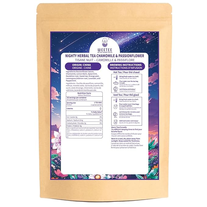 WT WEETEE Chamomile & Passionflower Nighty Herbal Tea Bags 50 Counts, Includes Spearmint, Valerian Root, Lavender, Peppermint & More, Natural Caffeine-free