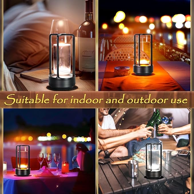 Crystal Lantern Light, Czgor Battery Operated Rechargeable Cordless Crystal Table Lantern Lamp with 3-Color, Portable Small LED Desk Lamp for Indoor/Outdoor Patio Camping Bedroom Bar Restaurant(Black)