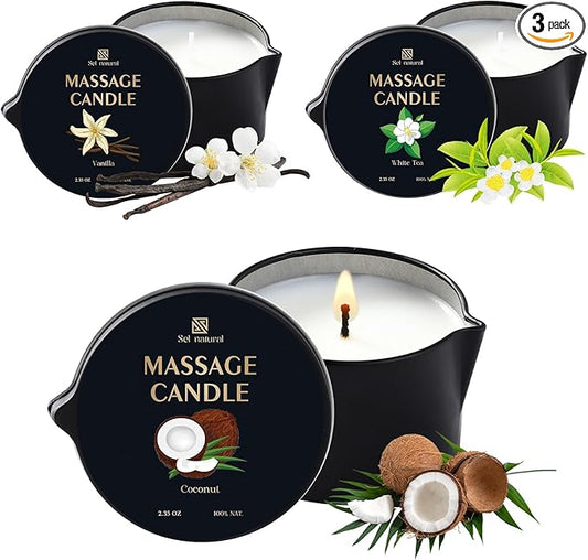 3 Pack Massage Oil Candles 2.35oz Low Temp Massage Candles 3 Scent Vanilla, White Tea, Coconut Spa Therapy Body Oil Home Gift for Relaxation, Couples, or Self-Care (Vanilla, White Tea, Coconut)