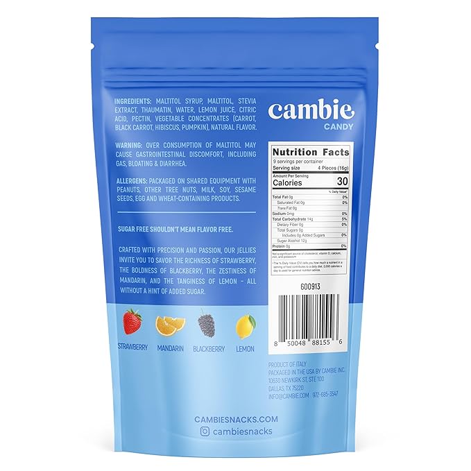 Cambie Sugar Free Candy - Pack of 6 Assorted Fruit Gummies, Individually Wrapped, Low Calorie, No Aftertaste, Small & Delicious Guilt-Free Low Carb Keto Sugar Free Candy