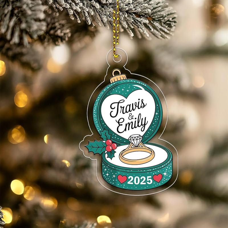 Personalized Engagement Ring Christmas Ornament, Couple Ornament, Engagement Gift for Her, Wedding Ornament, Newlywed Holiday Keepsake Acrylic Ornament β Personalized Christmas