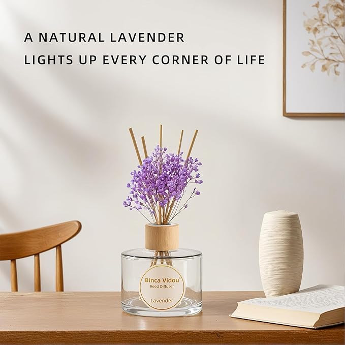 Reed Diffuser Set, Binca Vidou Lavender Natural Scent Oil Diffusers with Sticks for Home Office Bathroom Aromatherapy Decor 6.76oz(200ml)