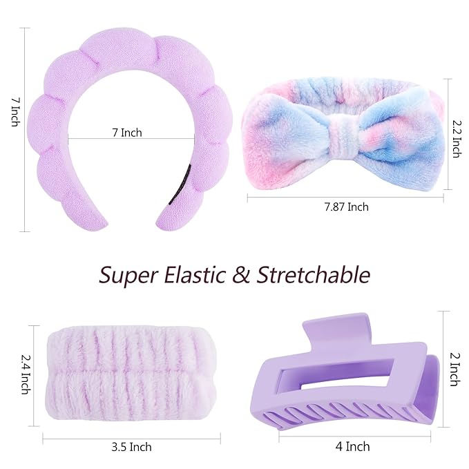 VELSCRUN Spa Headbands for Wash Face, Makeup Headband, Facial Skincare Headbands, 5 Pcs Purple Colourful Puffy Sponge Spa Headband Bow Tie Hair Band Hair Clips Wristband Set Women Girls Accessories