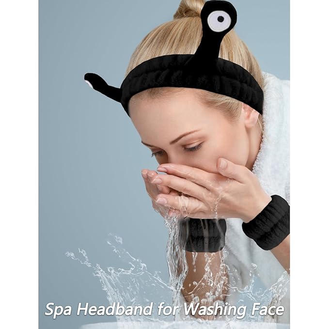 VELSCRUN Spa Headband, Makeup Face Wash Skincare Headbands, 5 Pcs Sponge Get Ready Snail Hairband Facial Wristband Hair Clip Set, Stuff for Teen Girls Women Trendy Hair Accessories Black