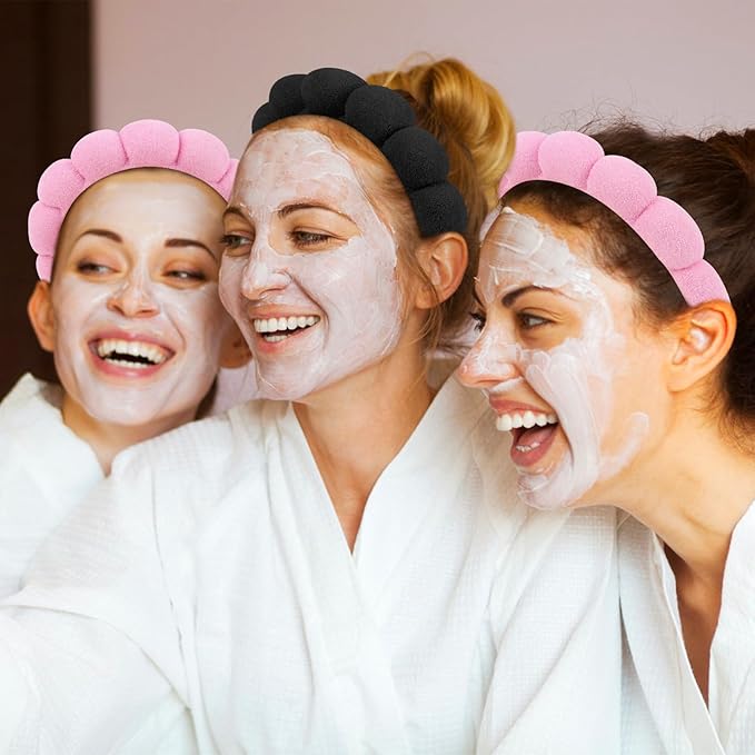 AMCAMI 2 PCS Puffy Spa Headband for Women Sponge Headbands for Girls Terry Towel Cloth Fabric Head Band for Skincare,Makeup Removal,Face Washing,Facial Mask,Shower,Hair Accessories(Black&Light Pink)