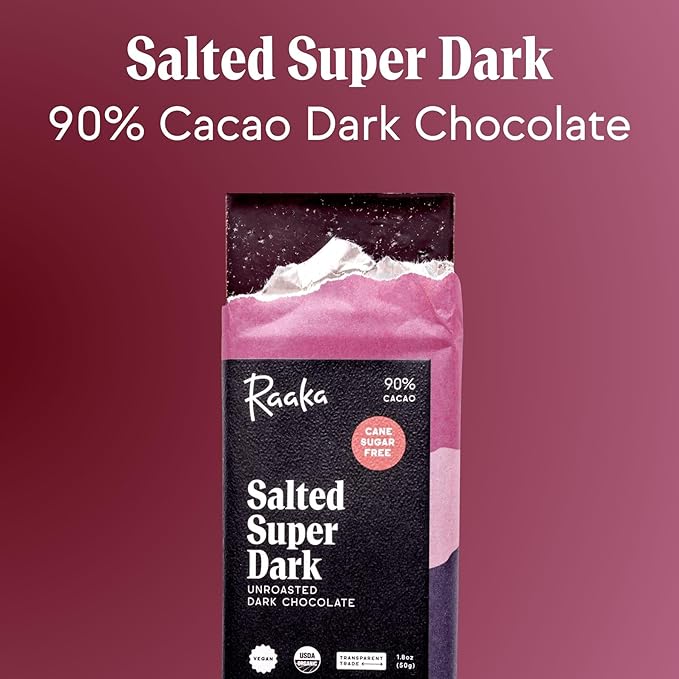 Raaka Salted Super Dark Chocolate Bars - 90% Cacao, Organic, Vegan, Kosher, Gluten Free, Cane Sugar Free - Lightly Sweetened with Coconut Sugar - 1.8oz Bars, 6-Pack