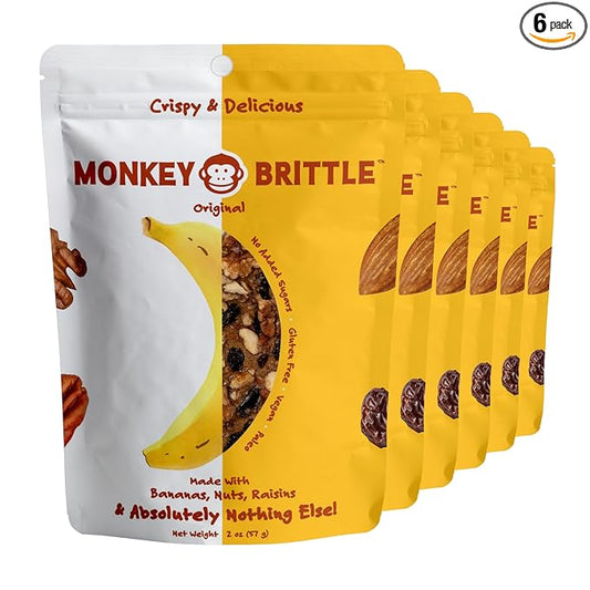 Monkey Brittle Healthy Snacks, Crispy Plant-Based Treats for Kids & Adults, Vegan & Gluten-Free, All-Natural Snack for School, Sports, Camping & On-the-Go (Pack of 6), Original