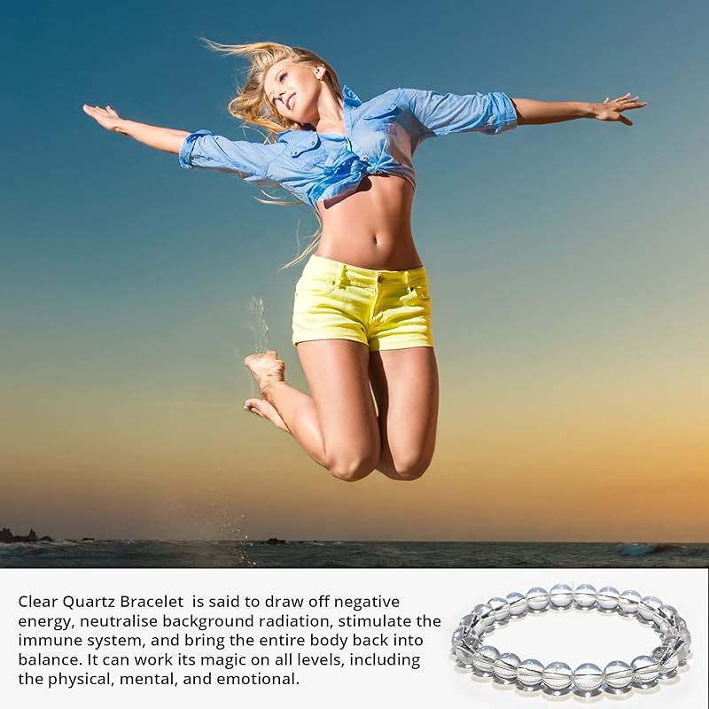 Clear Quartz Bracelet, Natural Healing Crystal Bracelet for Women and Men, 8mm Round Beaded Bracelet for Spiritual, Protection, Positive Energy, Elastic Adjustable Size Gemstone Bead Bracelet