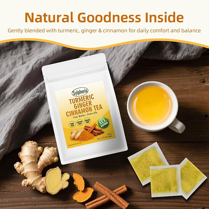 120 Bags Premium Turmeric Ginger Cinnamon Tea Bags, Premium Natural Ingredients, Turmeric Ginger Herbal Blend with Cinnamon, No Sugar, Caffeine-Free