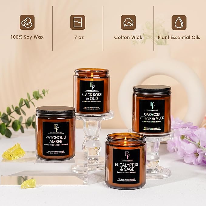 Scented Candles Set, Candles for Home Scented Soy Wax Candle, 4 Pack 28 Oz Aromatherapy Candles Gift Set for Women Men (Patchouli/Vetiver/Sage/Rose)