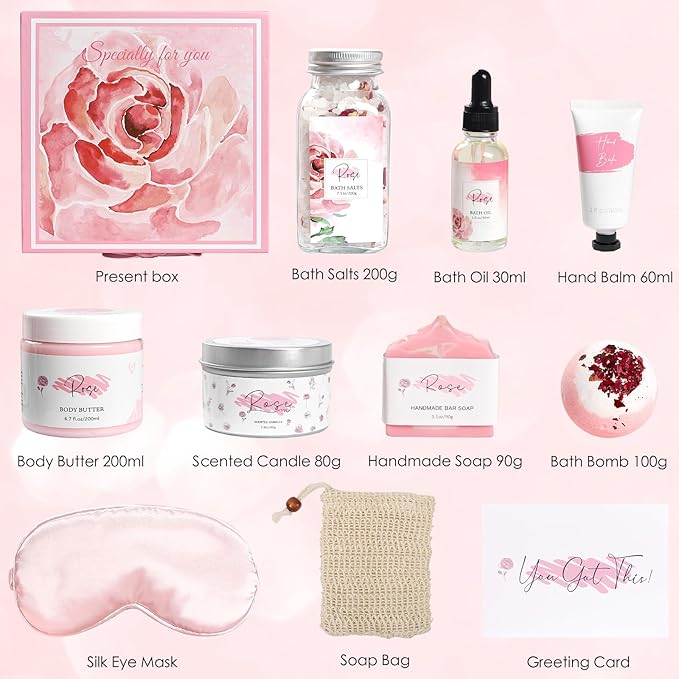 Mother's Day Gifts,Rose Spa Gifts Set, Bath Gifts Set for Women, Relaxing Spa Gift Basket for Women, Self Care Package, Home Spa Products, Birthday Gifts for Mom Mother's Day (Rose)