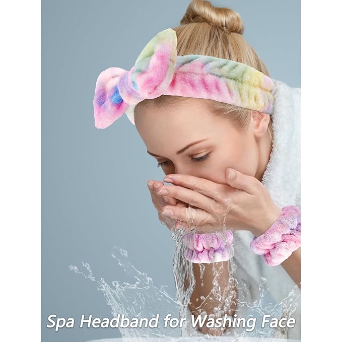 VELSCRUN Spa Headband, Makeup Face Wash Skincare Headbands, 5 Pcs Deep Colorful Sponge Bow Tie Get Ready HairBand Facial Wristband Hair Clips Set, Stuff for Teen Girls Women Trendy Hair Accessories