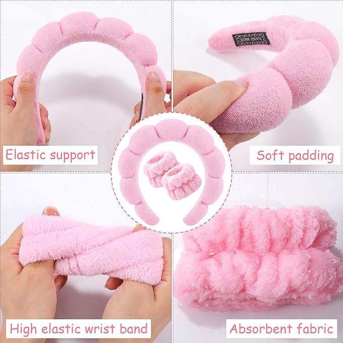 Zkptops Spa Headband for Washing Face Wristband Set Sponge Makeup Skincare Headband Terry Cloth Bubble Soft Get Ready Hairband Women Girl Puffy Padded Headwear Non Slip Thick Hair Accessory(Pink-2)
