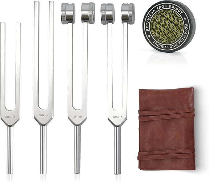 Tuning Forks for Healing Set – Includes 128Hz, 136Hz, 256Hz, 384Hz & Activator, Portable in Red Leather Pouch – Medical Grade Sound Healing Instruments for Chakra, Yoga, and Meditation
