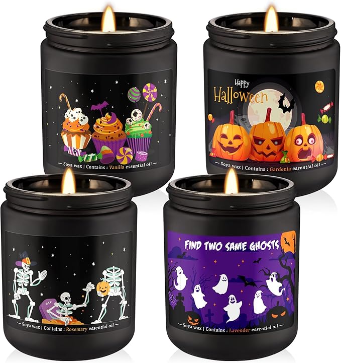 4 Pack Black Halloween Scented Candles -7oz Soy Wax Candles with Essential Oils (Rosemary, Vanilla, Gardenia, Lavender) -for Halloween, Christmas, Home Decor