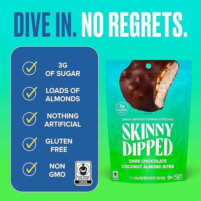 SkinnyDipped Dark Chocolate Coconut Almond Bites, Low Sugar Chocolate Coconut Bar, 3.17oz Resealable Bags, Pack of 4 (24 Bites Total)