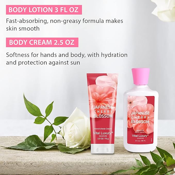 Bath and Body Care Gift Set for Women and Girls, Personal Self-Body Care Travel Set, Japanese Cherry Blossom Spa Home Set with Natural Extracts, 4 Pack - Shower Gel, Body Lotion, Body Mist, Hand Cream