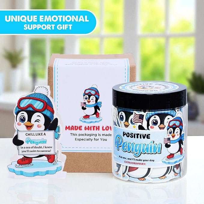 Positive Penguin Jar – 60 Daily Affirmation Cards with Standee | Cute Motivational Gift for Coworkers, Friends, Teachers, Women | Desk Decor, Just Because Gift, Emotional Support Penguin