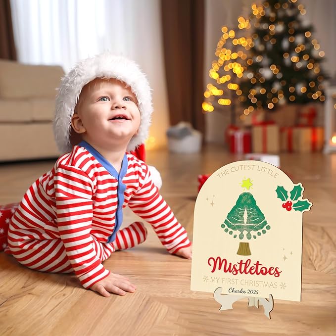 Sereliy Baby's First Christmas DIY Footprint Art Card, Wooden Christmas Tree Sign Keepsake Ornaments for Baby Shower Newborn Photoshoot Prop (Tree)