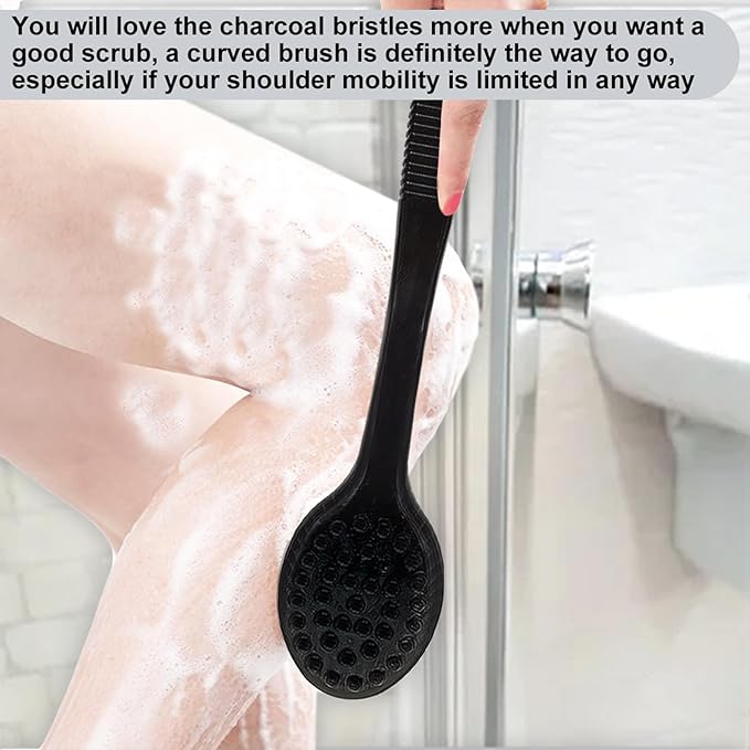 Back Bath Brush - Curved Long Handle Shower Brush with Medium Stiff Charcoal Bristles for Cleaning and Exfoliating Body, Back Scrubber for Men & Women (Black 2 Pack)