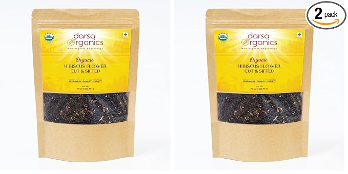 Darsa Organics Hibiscus Flowers Cut & Sifted 16 oz - USDA Organic Flor de Jamaica, Dried Hibiscus Flower for Hibiscus Tea, Cooking & Beverages, Vegan, Non-GMO, Kosher Certified (Pack of 2)