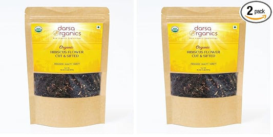 Darsa Organics Hibiscus Flowers Cut & Sifted 16 oz - USDA Organic Flor de Jamaica, Dried Hibiscus Flower for Hibiscus Tea, Cooking & Beverages, Vegan, Non-GMO, Kosher Certified (Pack of 2)