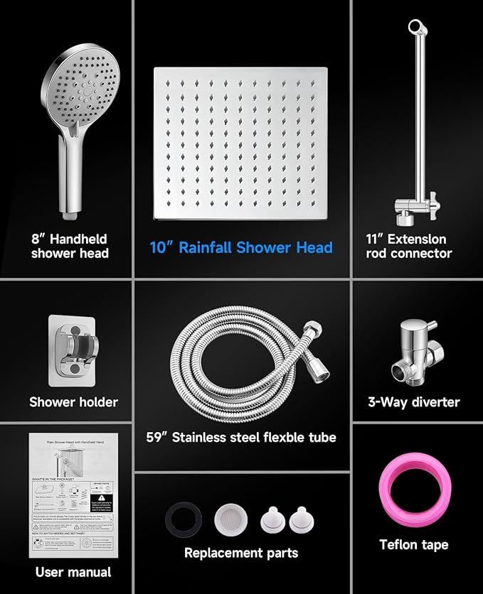 10 inch Rainfall Shower Head Combo Stainless Steel, THE FIRST WATERFALL mode, 10 Inch Rain Shower Head with Handheld 6 Spray Modes High Pressure, Overhead Shower Adjustable Extension Arm,Chrome