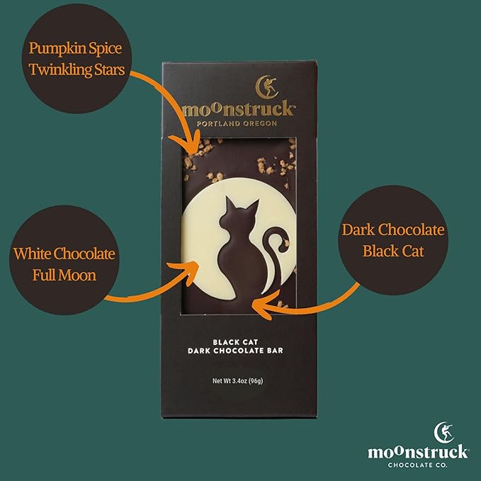 Moonstruck Chocolate Halloween Candy Black Cat Dark Chocolate Bar, 3.0oz (Pack of 4)