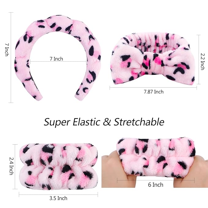 VELSCRUN 6 Pack Spa Headband, Makeup Headband, Face Wash Headbands, Skincare Headbands, Pink Leopard Sponge Hair Band Bow Tie Spa Head Band for Washing Face Wristband Set Hair Accessories for Women