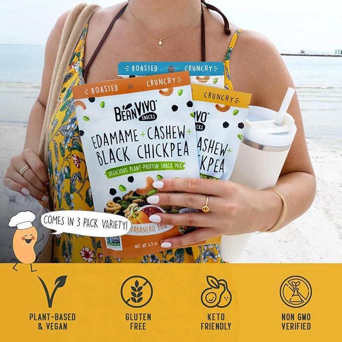 BeanVIVO Healthy Snacks for Adults & Kids with 7g Protein & 5g Fiber per Serving with Dried Edamame, Roasted Cashew and Chickpeas - Vegan & Gluten Free - Keto Friendly & Non-GMO - 3-Pack (4.5 oz Each Pouch)