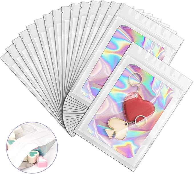 100 Pieces Smell Proof Mylar Bags, Holographic Packaging Bags, Resealable Odor Foil Pouch Zipper Bag with Clear Window for Food Storage and Lipgloss, Jewelry Lash (White, 3.5 x 6.3 Inch)