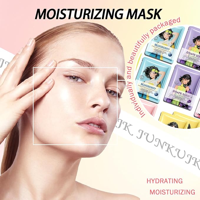 12PCS Hydrating Facial Sheet Mask,Moisturizing Face Masks Skincare Gift Set,Long Lasting Face Mask Skin Care & Facial Mask Kit for All Skin Types 19